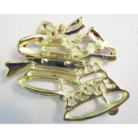 Vintage Christmas Bells Goldtone Brooch Holiday Pin Large - Picture 2 of 3